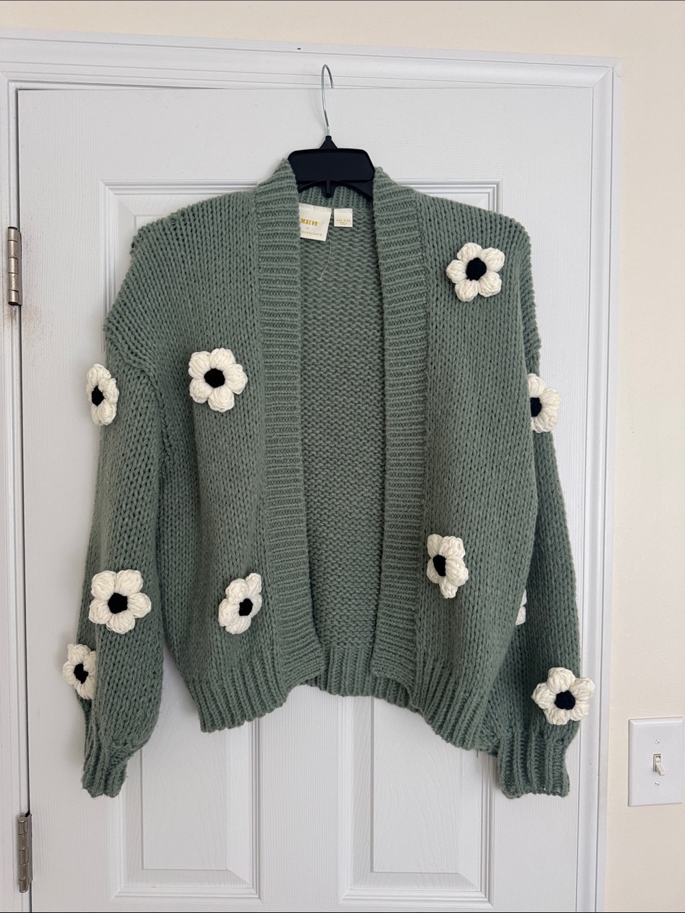 Maeve by Anthropologie Chunky Sage Green Floral Appliqué Open Cardigan Sweater